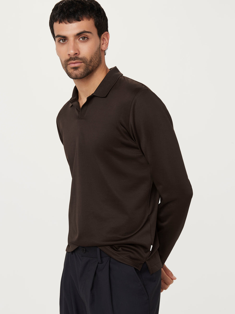 The Long Sleeve Johnny Collar Polo in Dark Chocolate